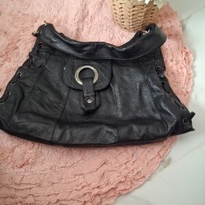 Black Leather Shoulder Bag with Silver Ring